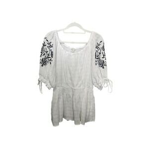 Cato Peasant Top Women XL White Embroidered Floral Smocked Waist Gauze Blouse
